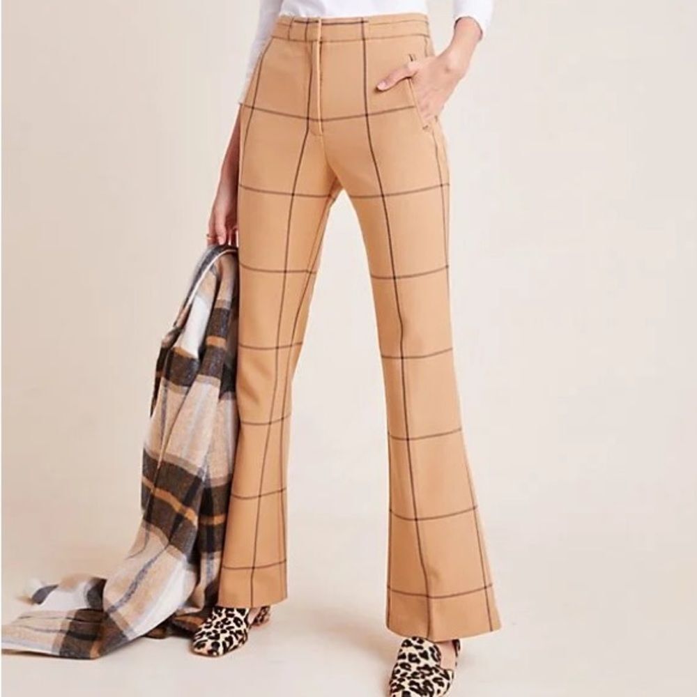 NWT Anthropologie Brown Tan Windowpane Flare Pants